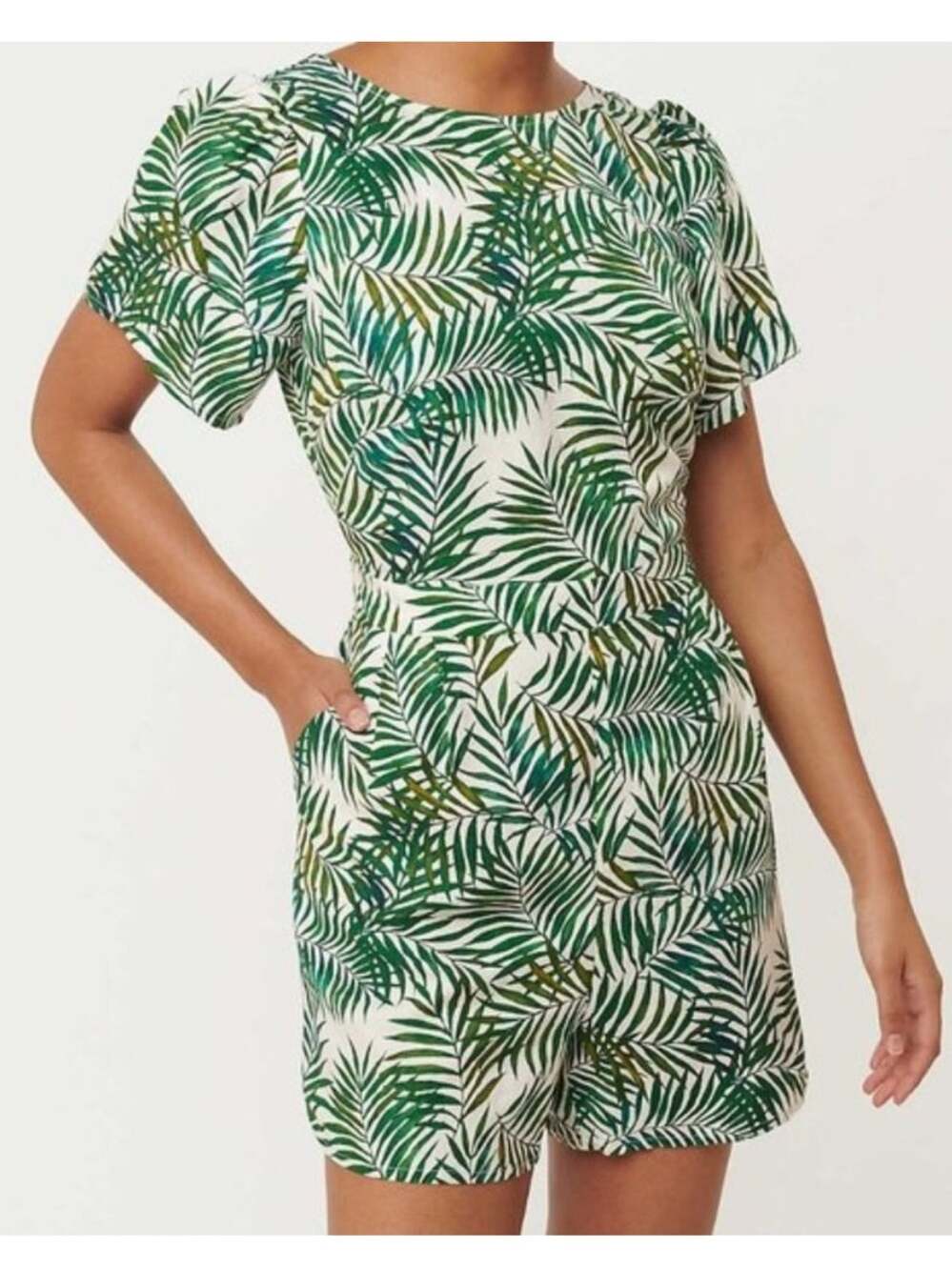 NEW LOFT Linen Blend Palm Leaf Printed Open Back Romper - Size M